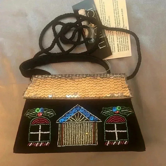 NWT Mini Black Velvet Beaded Christmas Holidays Mini House Purse Bag Women Kids - Picture 3 of 9